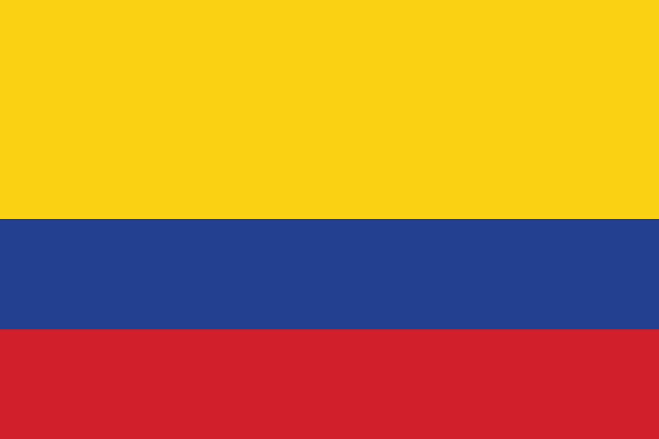 The National Flag of Colombia features three horizontal bands of yellow (top, double-width), blue, and red.