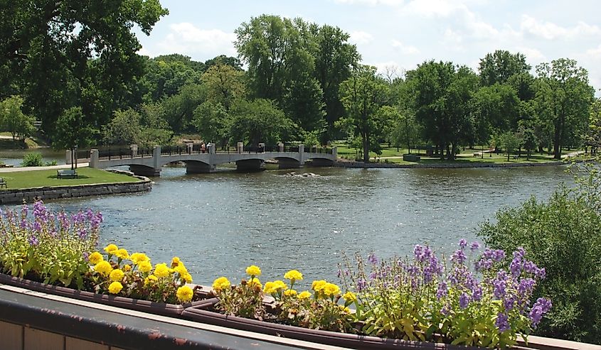 State Street Route 38 bridge over the Fox River, looking out on Island Park, Geneva, Illinois.
