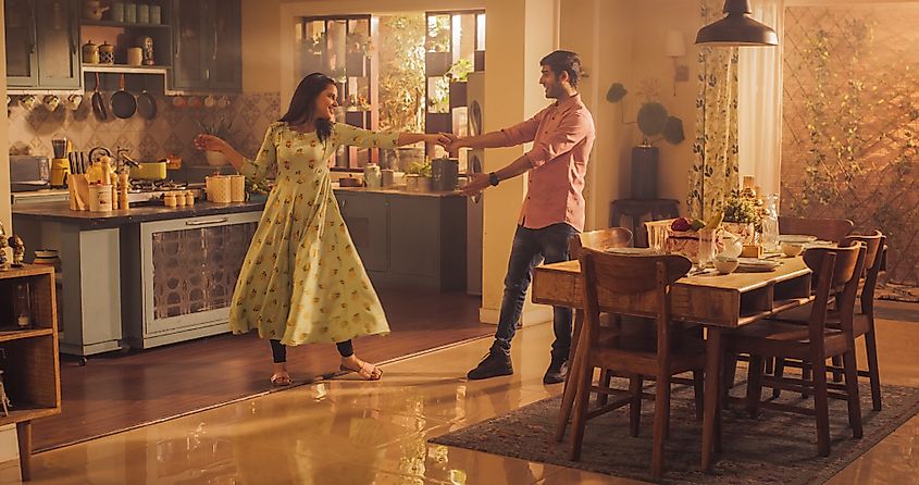 Young couple dancing in on camera