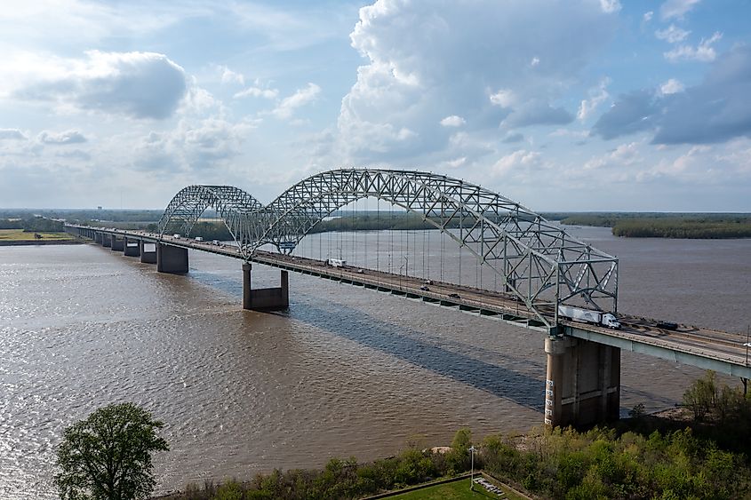 Aerial View of the I-40 Bridge Across the Mississippi River From Memphis Tennessee to Arkansas. 