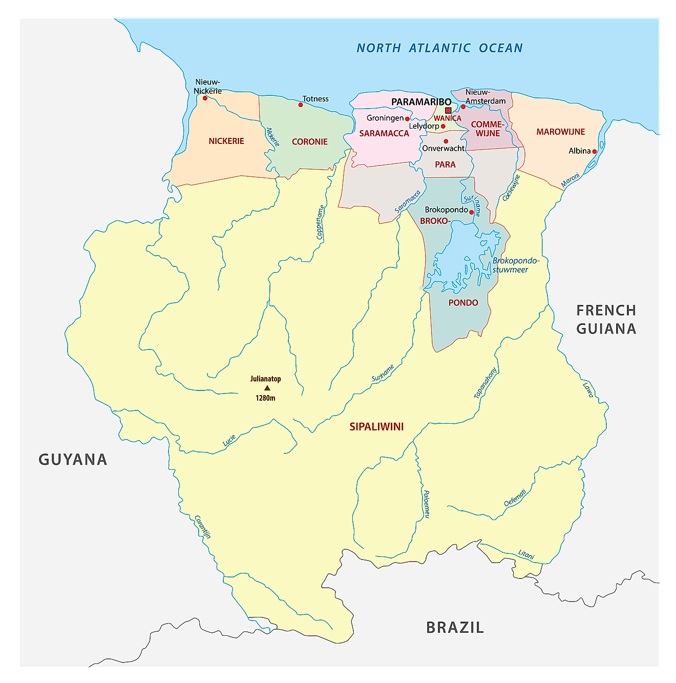 Political Map of Suriname showing its 10 districts and the capital city of Paramaribo.