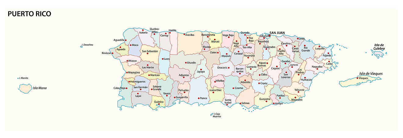 Political Map of Puerto Rico showing its 78 municipalities and the capital city of San Juan. 