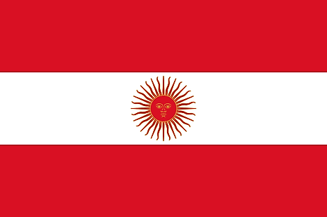 Red, white, red horizontal bands and red sun with human face centered on white
