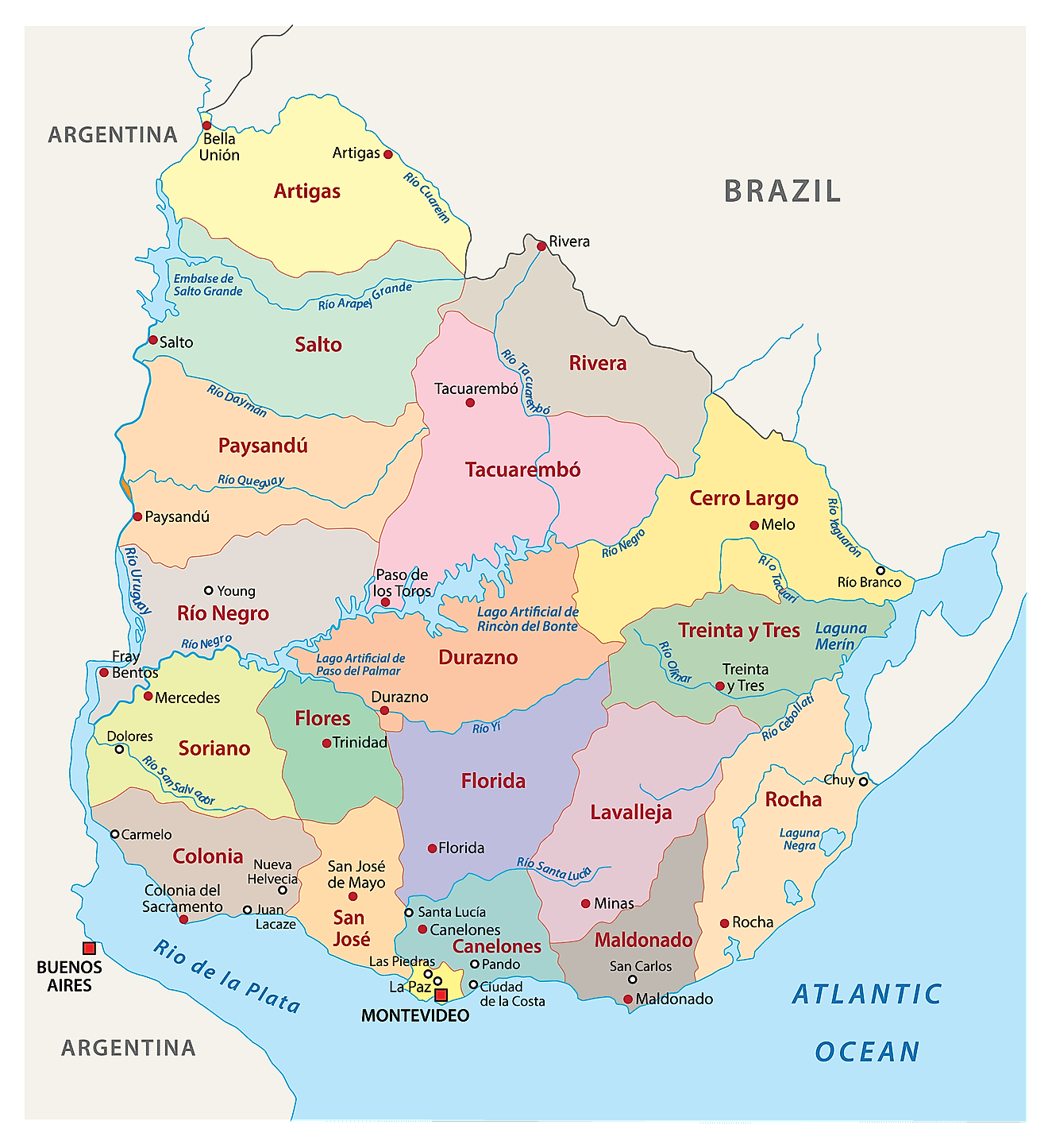 Political Map of Uruguay showing its 19 departments and the capital city of Montevideo.