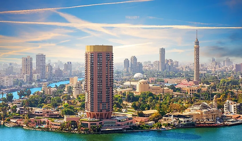Aerial view of Gezira island on the Nile at sunset, Cairo, Egypt.